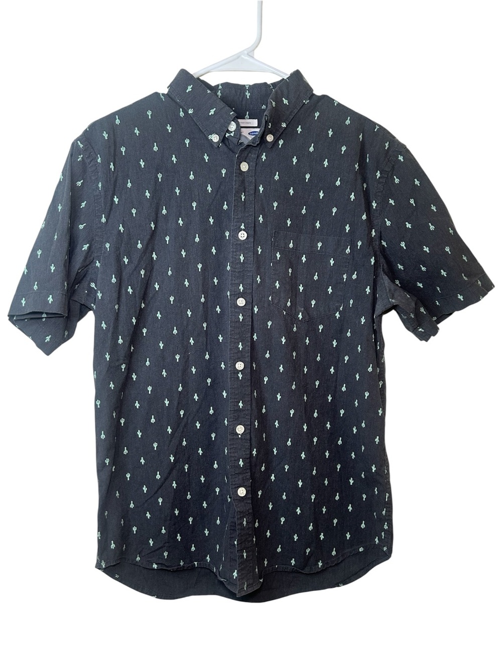 Old Navy Short Sleeve Button Up Micro Cactus Green Gray Casual Classic Shirt M